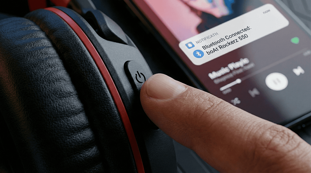 Headphone Power Button Closeup with Headphone Connected Notification on Phone